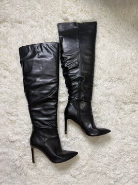 INC International Concepts Black Leather Knee-High Pointed-Toe Stiletto Boots